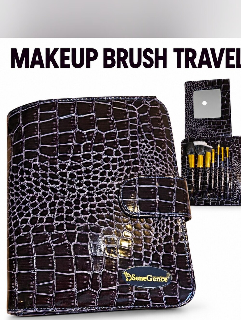 SeneGence Black & Gold Croc-Texture Brush Roll with 7-Piece Makeup Brush Set